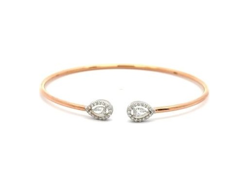 18K Rose and White Gold Open Bangle Bracelet with Natural Pear-Shaped Diamonds Surrounded by Round Diamonds